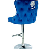 Valentino Navy Blue Lion Knocker Quilted Back Plush Velvet Chrome Bar Stool-Esme Furnishings