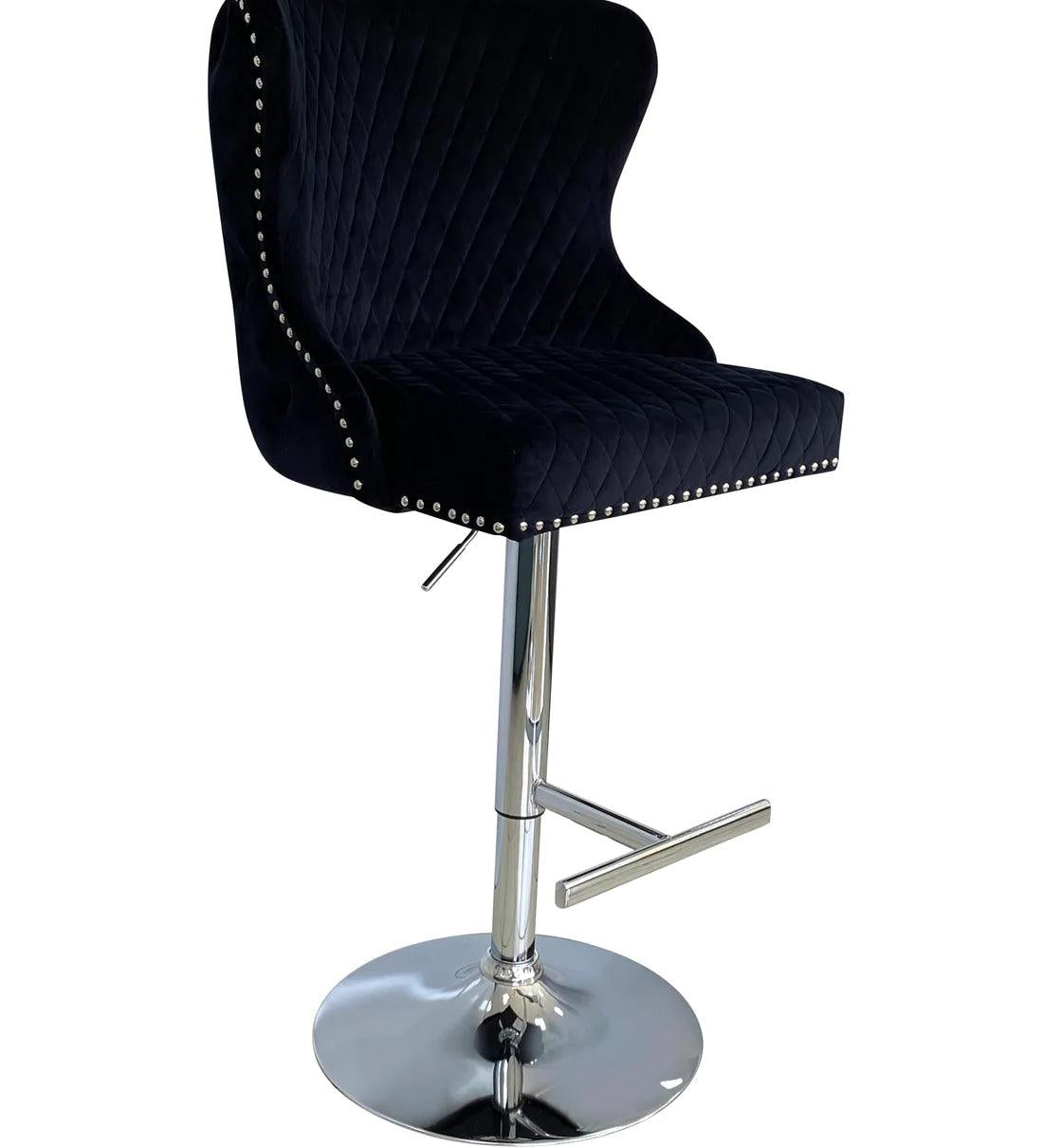 Valentino Black Lion Knocker Quilted Back Plush Velvet Chrome Bar Stool-Esme Furnishings