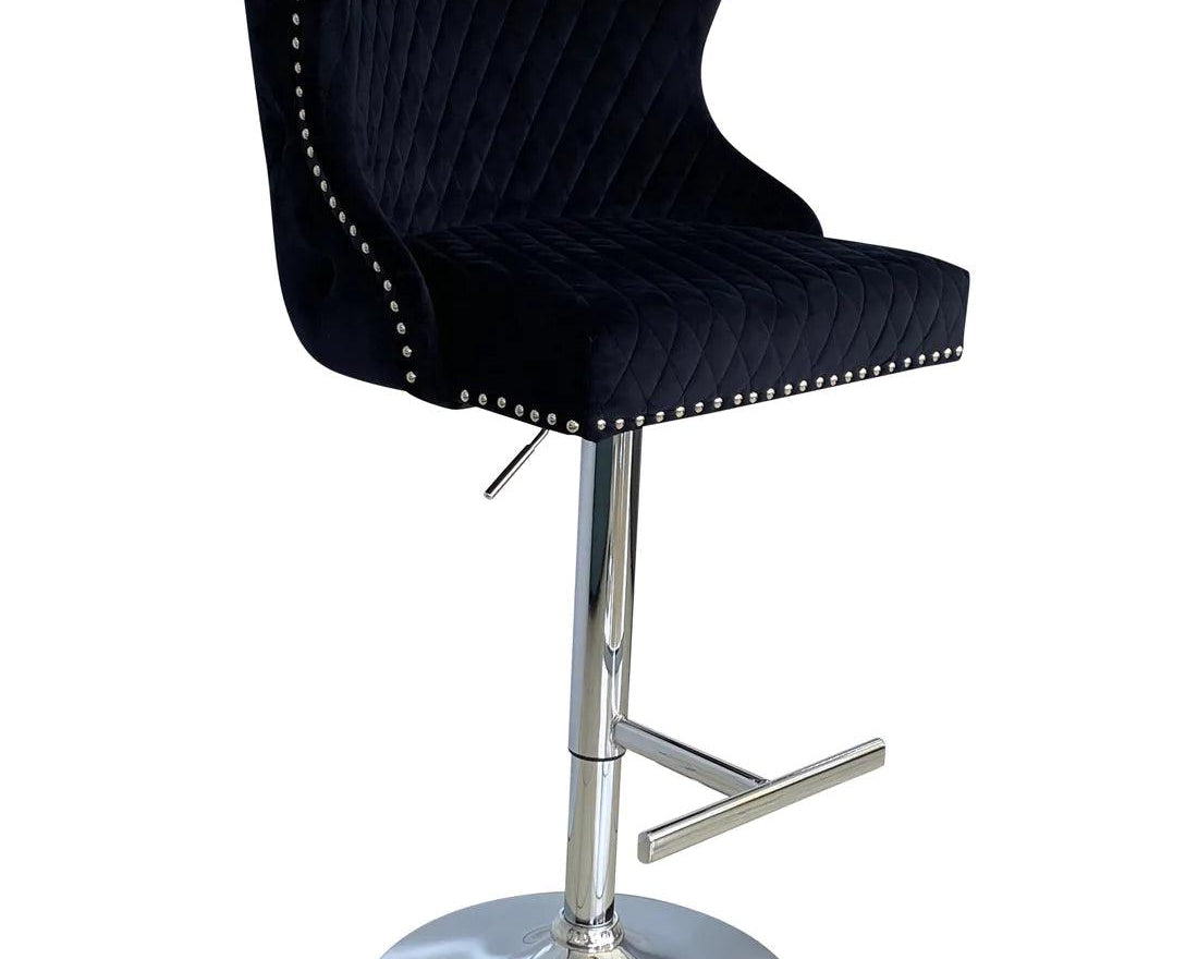 Valentino Black Lion Knocker Quilted Back Plush Velvet Chrome Bar Stool-Esme Furnishings