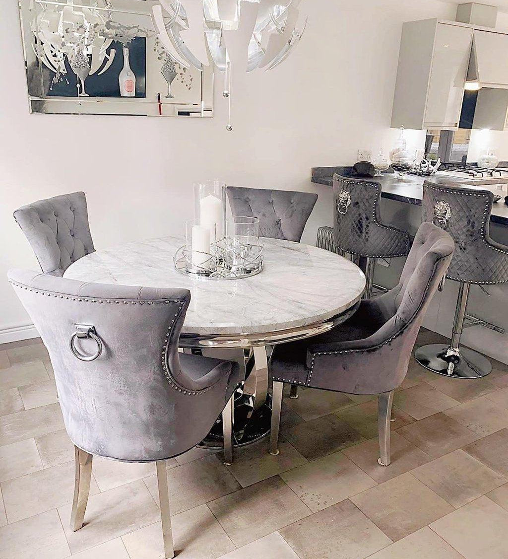 Chelsea 130cm White Marble Round Dining Table + Grey Ring Knocker Chairs-Esme Furnishings