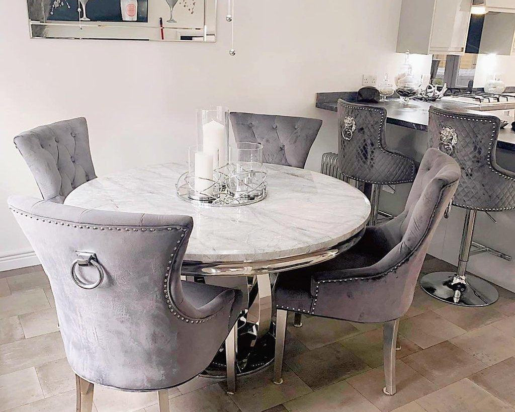 Chelsea 130cm White Marble Round Dining Table + Grey Ring Knocker Chairs-Esme Furnishings
