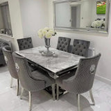 Denver Marble & Chrome Dining Table With Lion Knocker Quilted Velvet Chairs