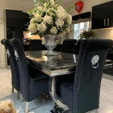 Arianna Marble & Chrome Dining Table With Lucy Slim Quilted Lion Knocker Velvet Chairs