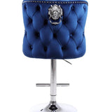 Valentino Navy Blue Lion Knocker Quilted Back Plush Velvet Chrome Bar Stool-Esme Furnishings