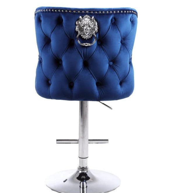 Valentino Navy Blue Lion Knocker Quilted Back Plush Velvet Chrome Bar Stool-Esme Furnishings