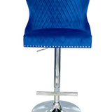 Valentino Navy Blue Lion Knocker Quilted Back Plush Velvet Chrome Bar Stool-Esme Furnishings