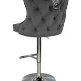 Valentino Grey Lion Knocker Quilted Back Plush Velvet Chrome Bar Stool-Esme Furnishings