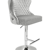 Valentino Pewter Shimmer Grey Lion Knocker Quilted Back Plush Velvet Chrome Bar Stool-Esme Furnishings