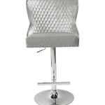 Valentino Pewter Shimmer Grey Lion Knocker Quilted Back Plush Velvet Chrome Bar Stool-Esme Furnishings