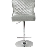 Valentino Pewter Shimmer Grey Lion Knocker Quilted Back Plush Velvet Chrome Bar Stool-Esme Furnishings