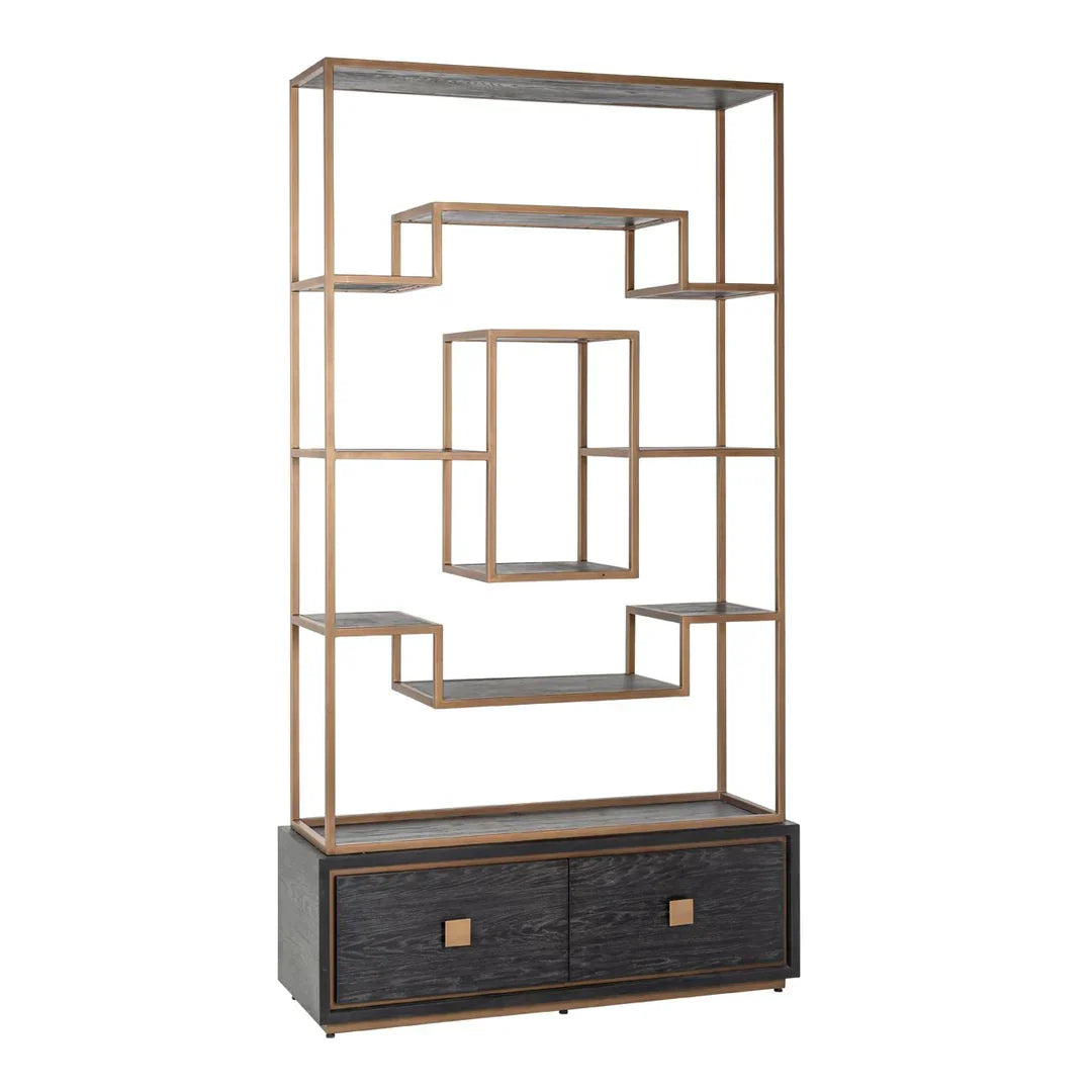 Richmond Interiors Hunter Black Oak and Gold 2 Drawer Display Unit