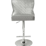 Valentino Pewter Shimmer Grey Lion Knocker Quilted Back Plush Velvet Chrome Bar Stool-Esme Furnishings