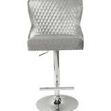Valentino Pewter Shimmer Grey Lion Knocker Quilted Back Plush Velvet Chrome Bar Stool-Esme Furnishings