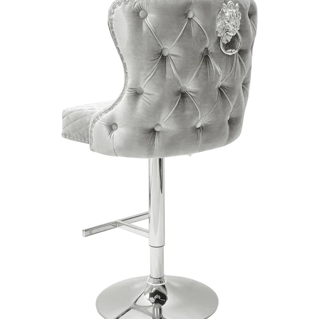 Valentino Pewter Shimmer Grey Lion Knocker Quilted Back Plush Velvet Chrome Bar Stool-Esme Furnishings