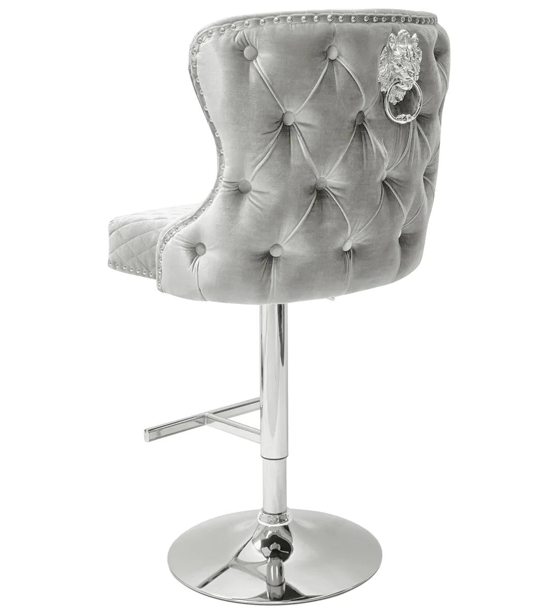 Valentino Pewter Shimmer Grey Lion Knocker Quilted Back Plush Velvet Chrome Bar Stool-Esme Furnishings