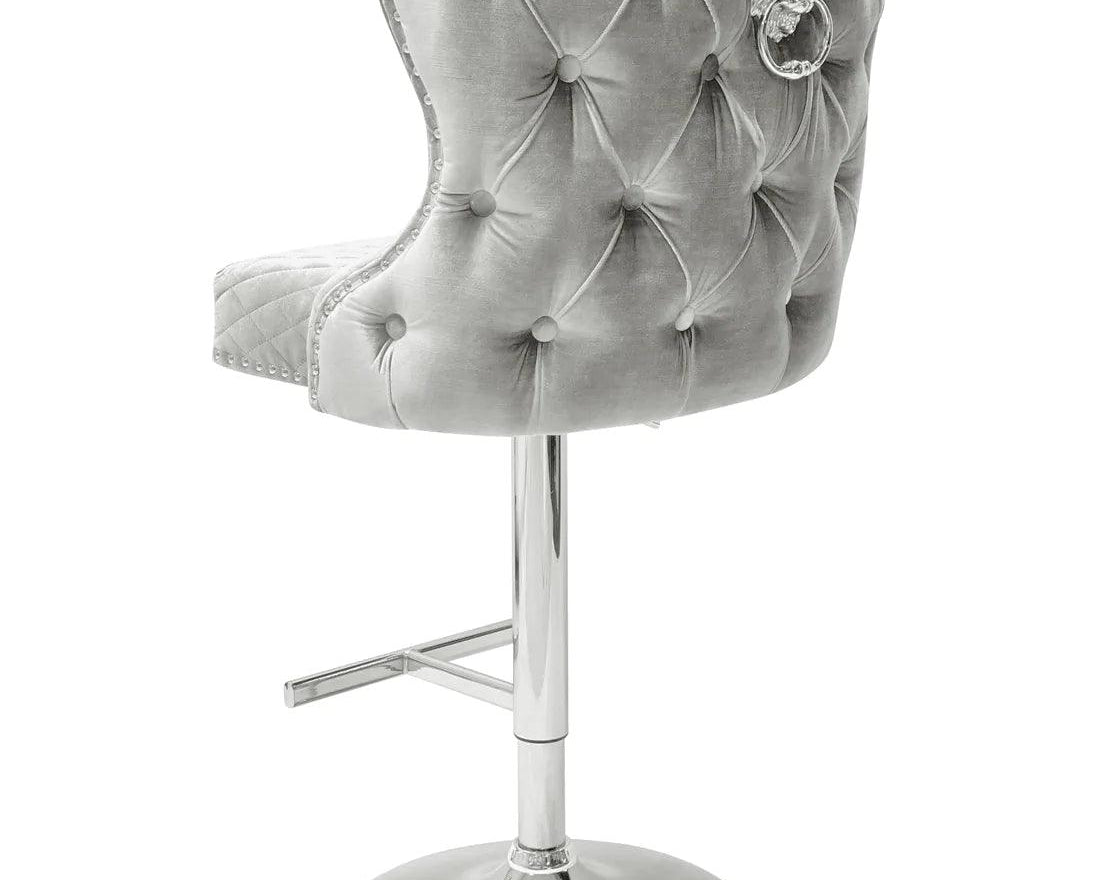 Valentino Pewter Shimmer Grey Lion Knocker Quilted Back Plush Velvet Chrome Bar Stool-Esme Furnishings