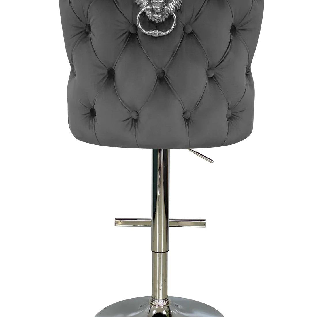 Valentino Grey Lion Knocker Quilted Back Plush Velvet Chrome Bar Stool-Esme Furnishings