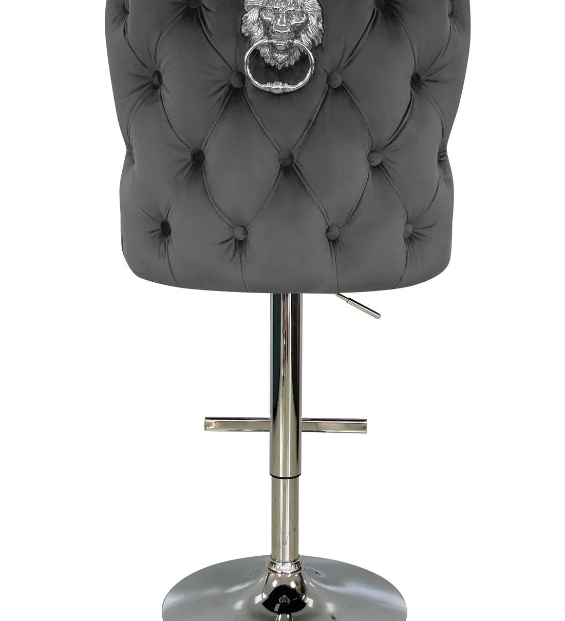 Valentino Grey Lion Knocker Quilted Back Plush Velvet Chrome Bar Stool-Esme Furnishings