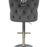 Valentino Grey Lion Knocker Quilted Back Plush Velvet Chrome Bar Stool-Esme Furnishings