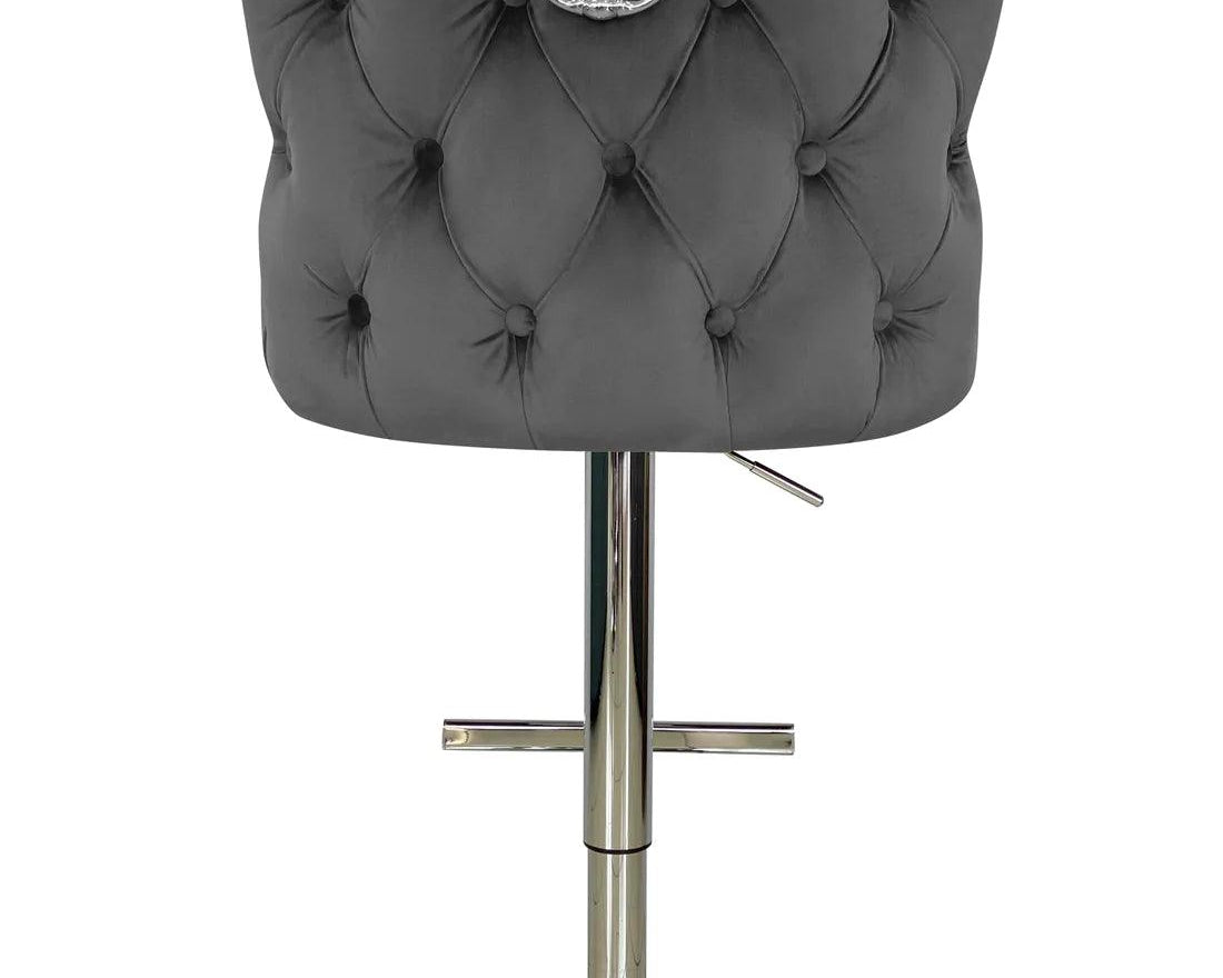 Valentino Grey Lion Knocker Quilted Back Plush Velvet Chrome Bar Stool-Esme Furnishings