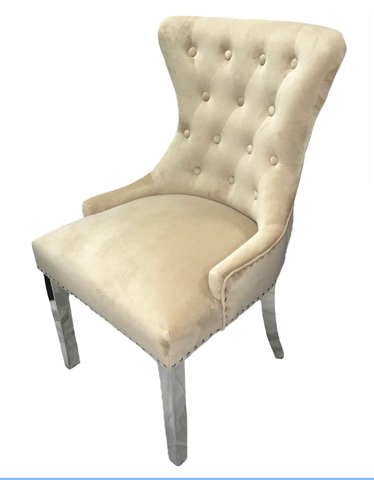 Louis 200cm Cream Marble Dining Table + Chrome Ring Knocker Dining Chairs-Esme Furnishings