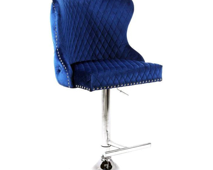 Valentino Navy Blue Lion Knocker Quilted Back Plush Velvet Chrome Bar Stool-Esme Furnishings