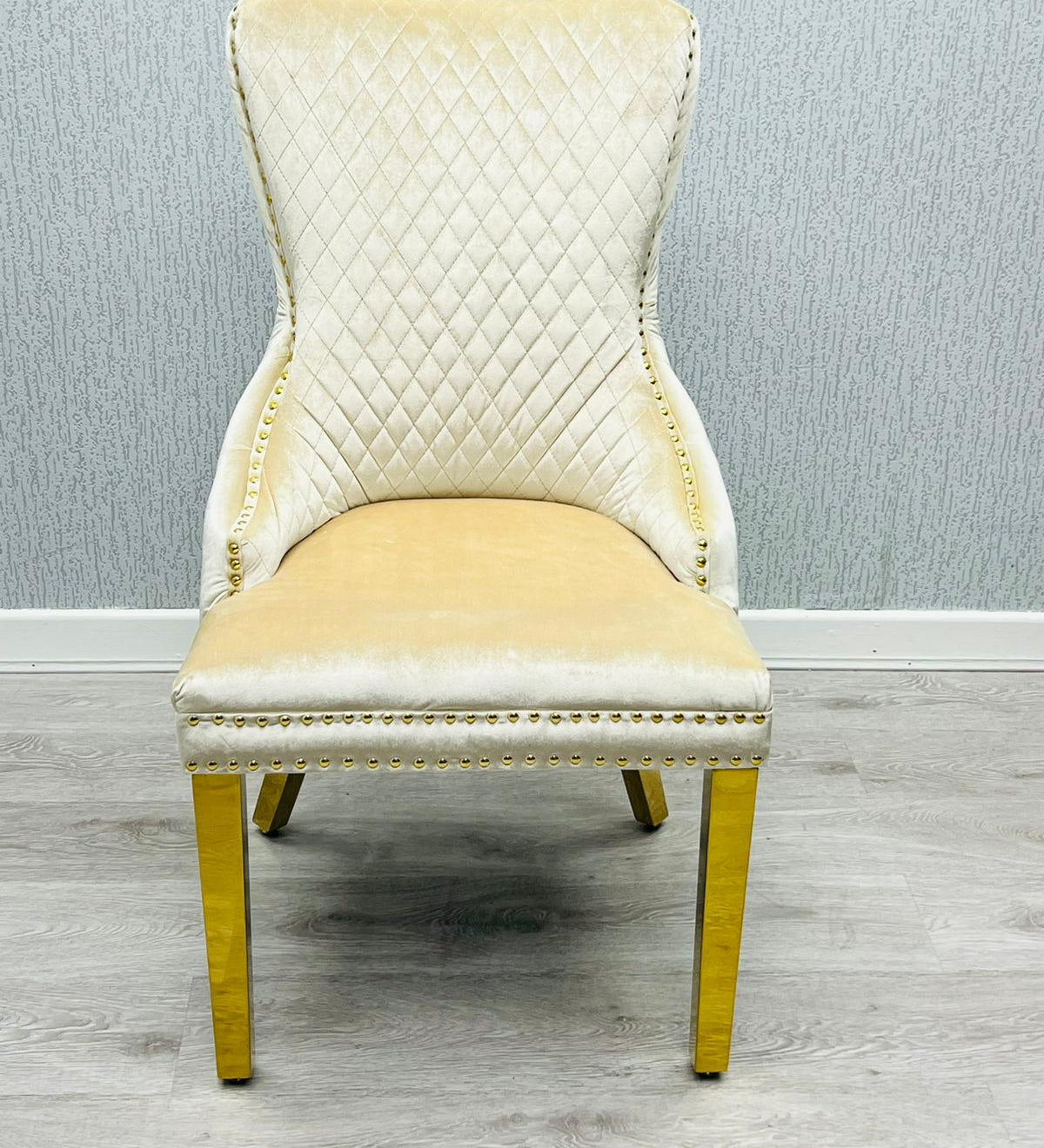 Victoria Gold Ring Knocker Quilted Tufted Plush Velvet Dining Chair Gold Legs - 2 Colours