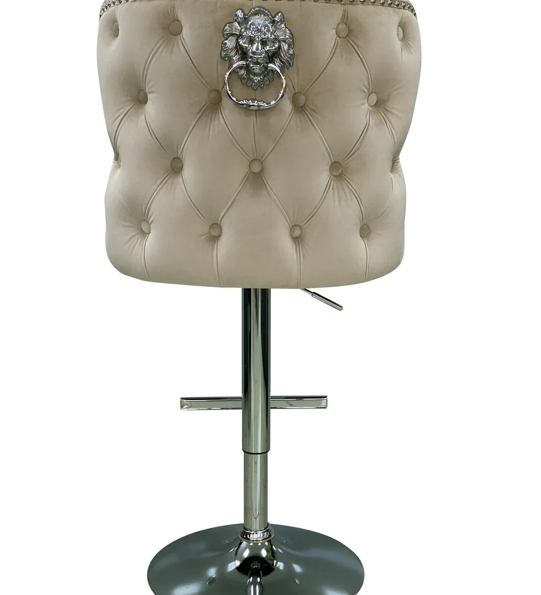 Valentino Mink Lion Knocker Quilted Back Plush Velvet Chrome Bar Stool-Esme Furnishings