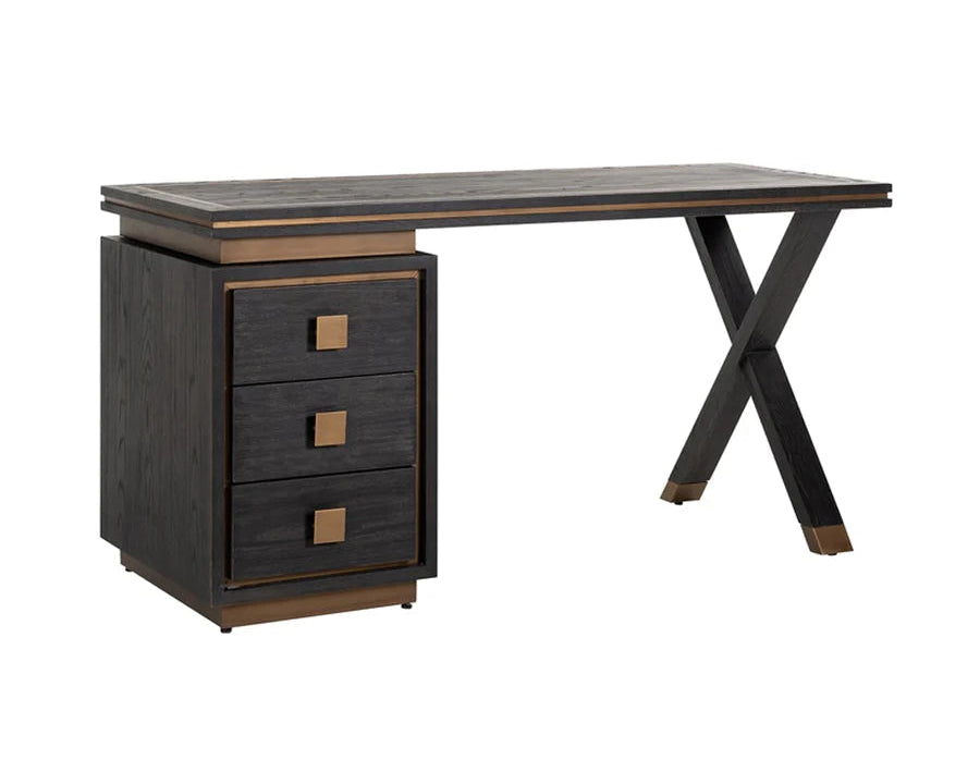 Hunter Black Oak and Gold 3 Drawer Desk-Belmont Interiors