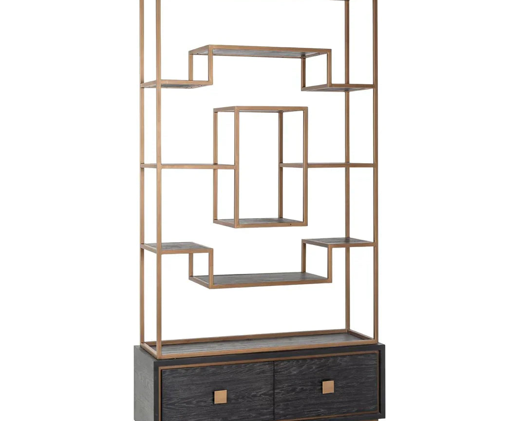 Richmond Interiors Hunter Black Oak and Gold 2 Drawer Display Unit