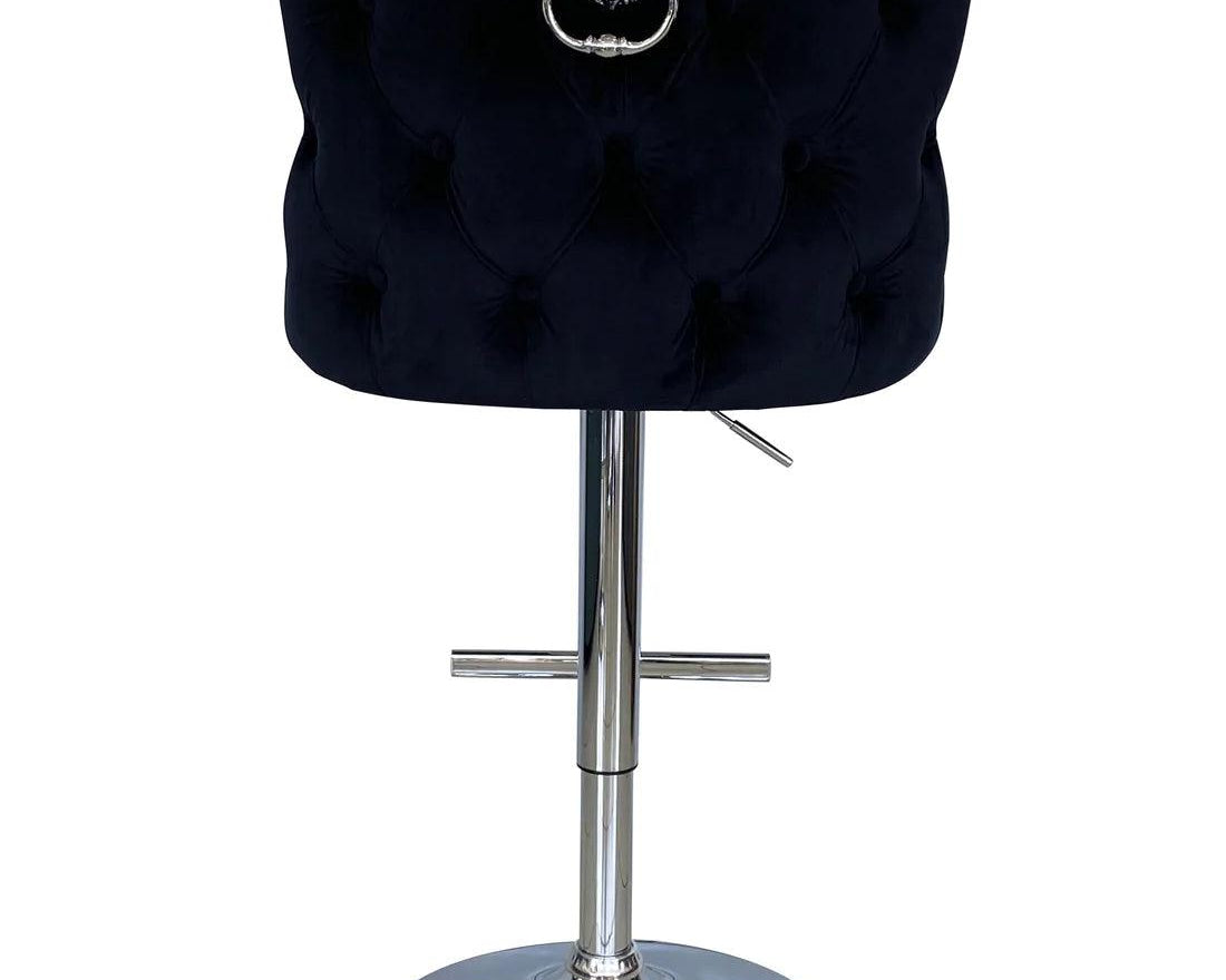 Valentino Black Lion Knocker Quilted Back Plush Velvet Chrome Bar Stool-Esme Furnishings