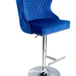 Valentino Navy Blue Lion Knocker Quilted Back Plush Velvet Chrome Bar Stool-Esme Furnishings