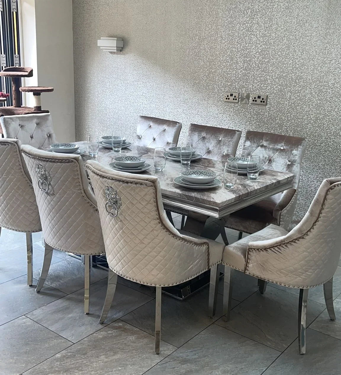 Arial Marble & Chrome Dining Table + Lion Knocker Velvet Chairs-Esme Furnishings