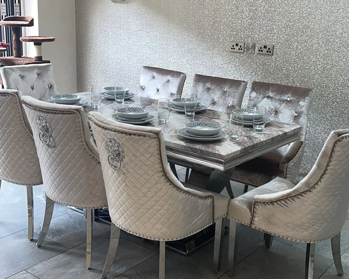 Arial Marble & Chrome Dining Table + Lion Knocker Velvet Chairs-Esme Furnishings