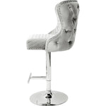 Valentino Pewter Shimmer Grey Lion Knocker Quilted Back Plush Velvet Chrome Bar Stool-Esme Furnishings