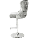 Valentino Pewter Shimmer Grey Lion Knocker Quilted Back Plush Velvet Chrome Bar Stool-Esme Furnishings