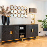Richmond Interiors Blackbone Black Oak and Gold 4 Door Wide Sideboard