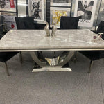 Arial Marble & Chrome Dining Table + Lion Knocker Velvet Chairs-Esme Furnishings