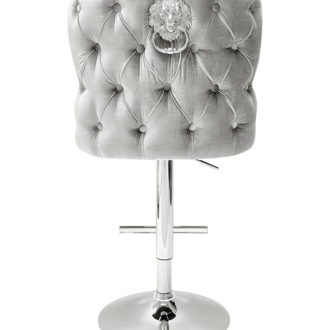Valentino Pewter Shimmer Grey Lion Knocker Quilted Back Plush Velvet Chrome Bar Stool-Esme Furnishings