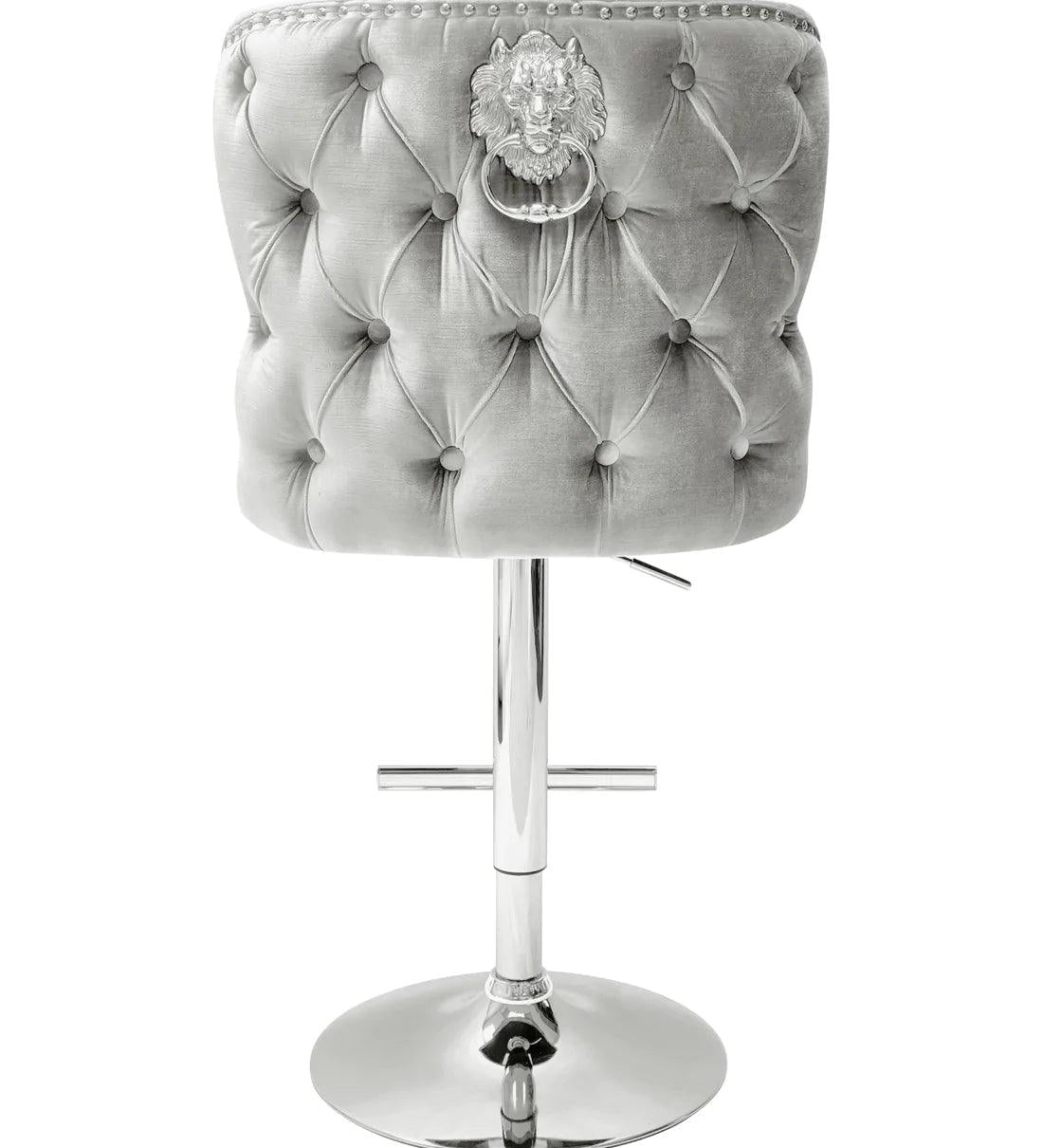 Valentino Pewter Shimmer Grey Lion Knocker Quilted Back Plush Velvet Chrome Bar Stool-Esme Furnishings