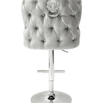 Valentino Pewter Shimmer Grey Lion Knocker Quilted Back Plush Velvet Chrome Bar Stool-Esme Furnishings