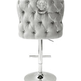Valentino Pewter Shimmer Grey Lion Knocker Quilted Back Plush Velvet Chrome Bar Stool-Esme Furnishings
