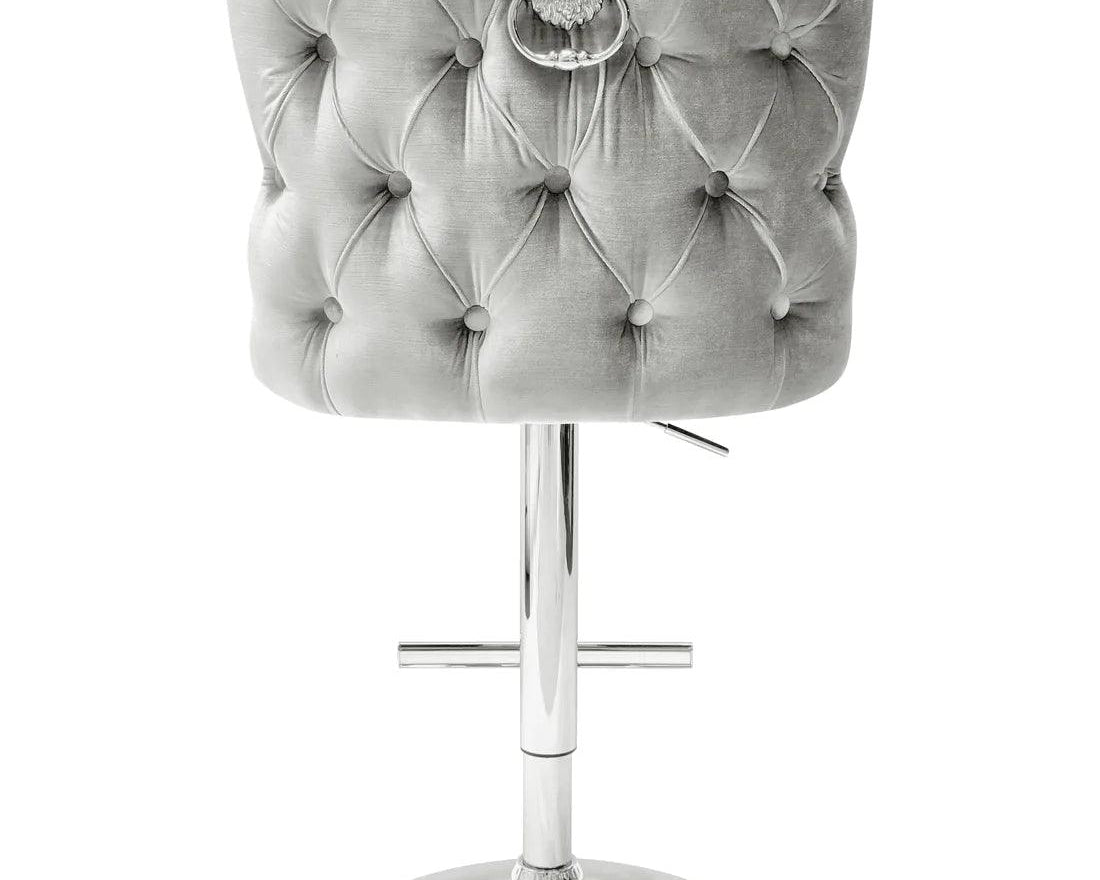 Valentino Pewter Shimmer Grey Lion Knocker Quilted Back Plush Velvet Chrome Bar Stool-Esme Furnishings
