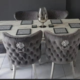 Louis 160cm Marble & Chrome Dining Table With Valentino Lion Knocker Velvet Chairs