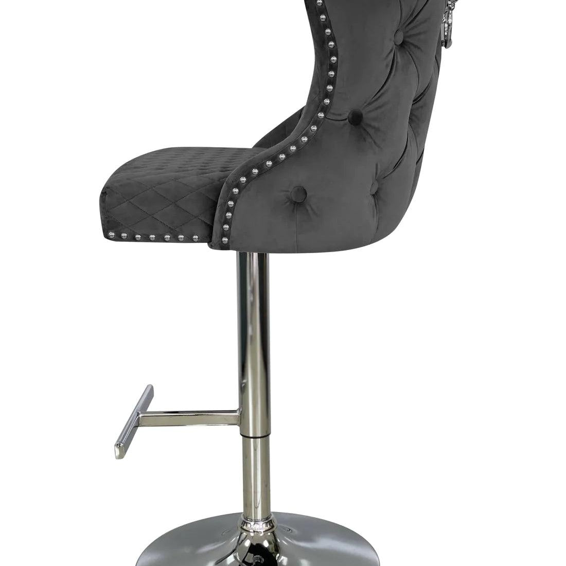 Valentino Grey Lion Knocker Quilted Back Plush Velvet Chrome Bar Stool-Esme Furnishings