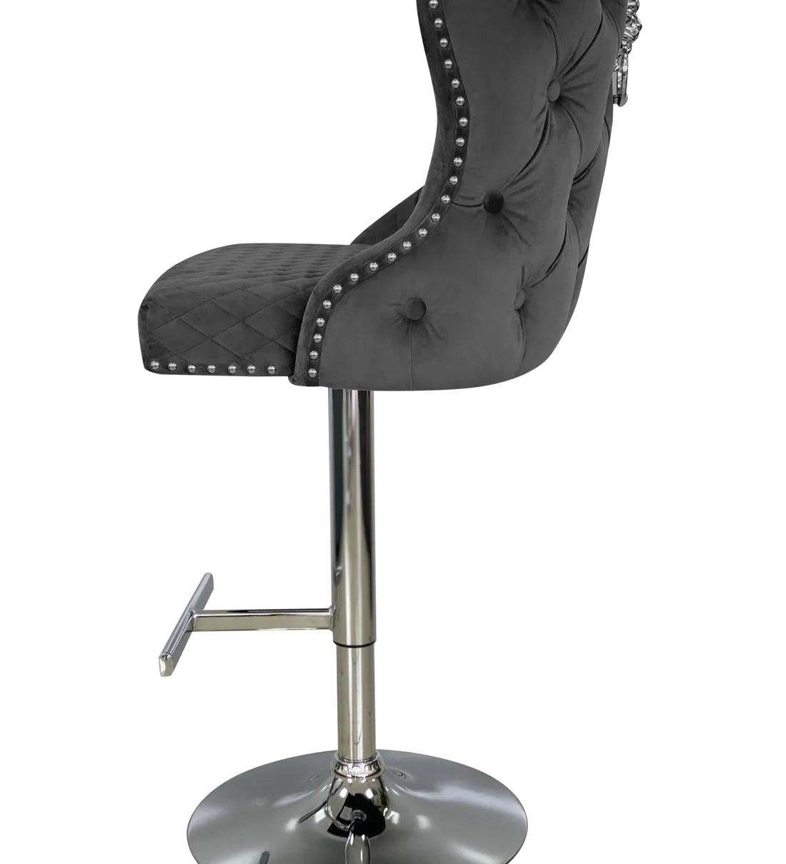 Valentino Grey Lion Knocker Quilted Back Plush Velvet Chrome Bar Stool-Esme Furnishings