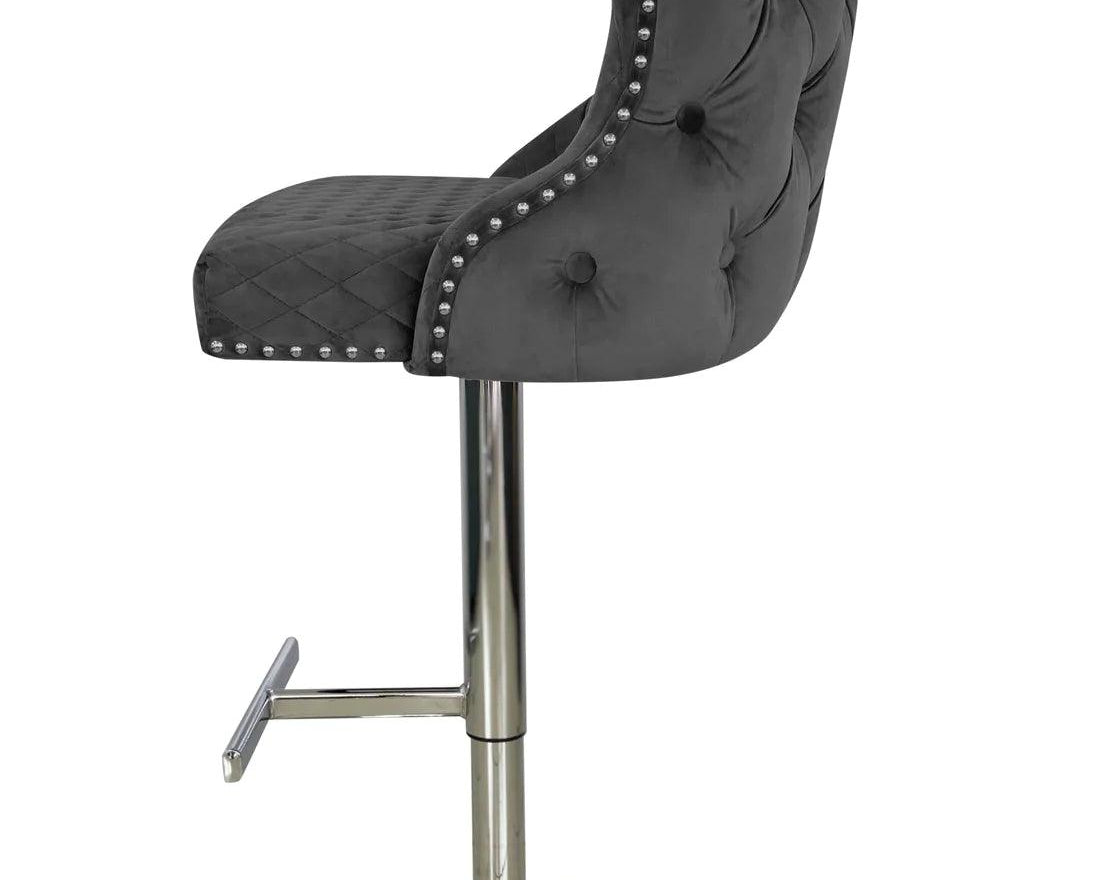 Valentino Grey Lion Knocker Quilted Back Plush Velvet Chrome Bar Stool-Esme Furnishings