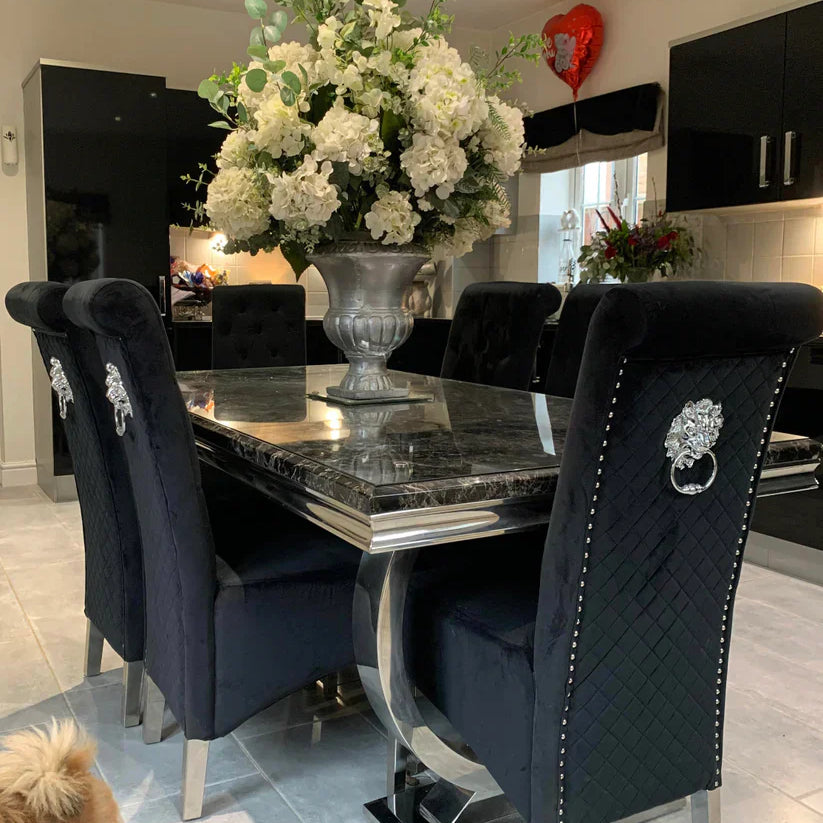 Arianna 200cm Black Marble Dining Table + Lucy Black Lion Slim Knocker Plush Velvet Chairs-Esme Furnishings