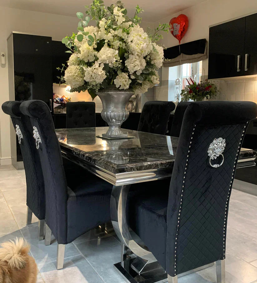 Arianna 200cm Black Marble Dining Table + Lucy Black Lion Slim Knocker Plush Velvet Chairs-Esme Furnishings