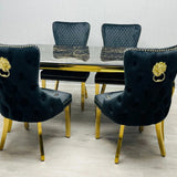 Sofia 180cm Black & Gold Marble Dining Table with Victoria 6 Black Lion Knocker Chairs